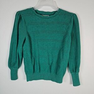 LOFT Women's Emerald Green Cotton Crochet Knit Puff Sleeve Sweater Size L Cozy
